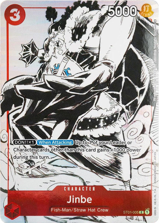 A trading card featuring Jinbe, a character from the "One Piece" series, released as part of the Jinbe (Gift Collection 2023) [One Piece Promotion Cards] on 2023-10-27 by Bandai. Jinbe is depicted in a dynamic pose, wielding a weapon. The character card has a power of 5000 and a cost of 3. Text reads: "When Attacking: Up to 1 of your