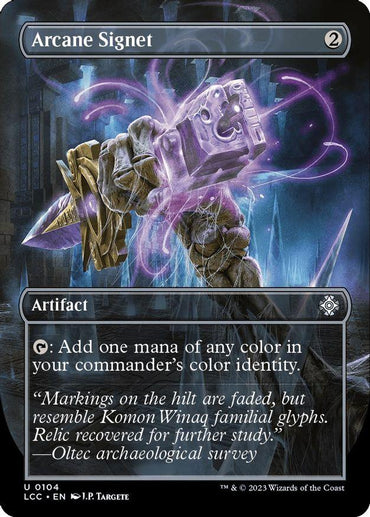 A fantasy card titled "Arcane Signet (Borderless) [The Lost Caverns of Ixalan Commander]" from the Magic: The Gathering game. This artifact with a mana cost of 2 features an illustration of a hand holding a glowing, ancient scepter emitting purple energy. The text box includes the card's abilities and lore involving ancient glyphs from The Lost Caverns of Ixalan.