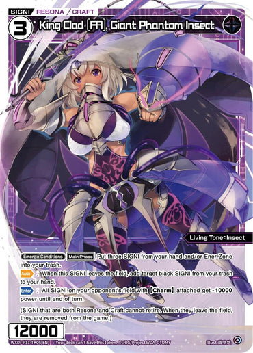 A game card titled "King Clad [FA], Giant Phantom Insect (WXDi-P11-TK06[EN]) [Reunion Diva]" by TOMY. It depicts a blonde warrior with purple highlights, wearing a white and purple outfit. The character wields dual weapons with glowing purple energy. The card, featuring stats and abilities, is enhanced by colorful designs that exude charm.