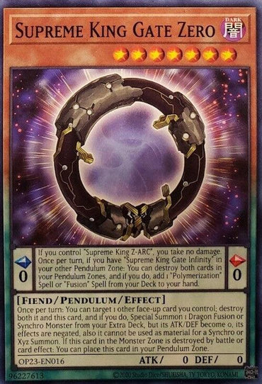 A Yu-Gi-Oh! trading card titled "Supreme King Gate Zero [OP23-EN016] Common." The card features holographic artwork of a dark, ominous circular gate with intricate designs and dark energy effects. As a Fiend/Pendulum/Effect Monster from the OTS Tournament Pack 23, it has stats and multiple text boxes detailing its abilities, with ATK 0, DEF 0.