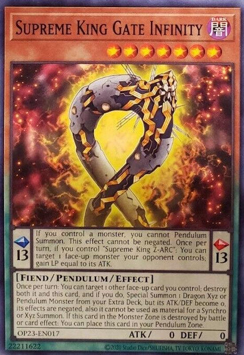 An image of the "Supreme King Gate Infinity [OP23-EN017] Common" card from Yu-Gi-Oh! OTS Tournament Pack 23 against a glossy backdrop. The card features a dark, serpentine entity in a circular posture. It's categorized as a Fiend/Pendulum/Effect monster with scales of 13. It has no ATK or DEF points, with various effect text inscribed on it.