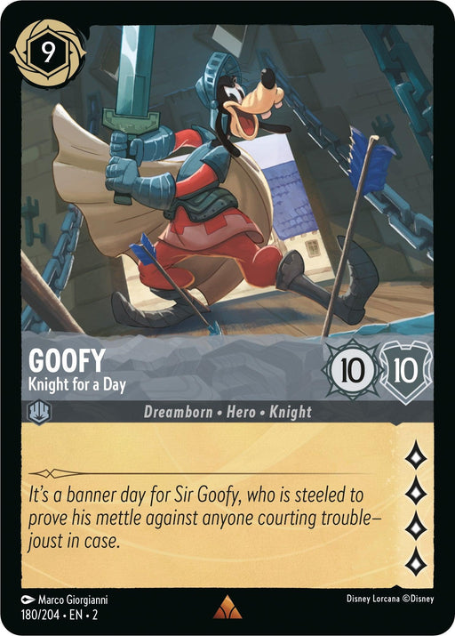 A Disney Lorcana trading card featuring Sir Goofy as a knight in the "Rise of the Floodborn" series. He confidently raises his sword and shield, dressed in armor. The card reads "Goofy - Knight for a Day (180/204) [Rise of the Floodborn]," with stats: 9 cost, 10 attack, and 10 defense. Sir Goofy is ready to confront trouble.