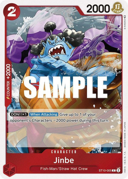 A Character Card from the 2023 Release features Jinbe, a muscular, blue, large fish-man with a wide mouth and sharp teeth. His character type is "Fish-Man/Straw Hat Crew." The card has a power of 2000, a counter of +2000, costs 2, and includes the skill: "When Attacking, give up to 1 of your Jinbe [Ultimate Deck - The Three Captains] by Bandai.