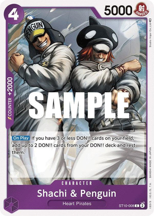 A trading card featuring characters Shachi and Penguin from the Heart Pirates. Shachi, on the left, wears a white outfit and hat with "PENGUIN" written on it. Penguin, on the right, sports a white jacket and black hat with orange goggles. Part of the Ultimate Deck series, this card includes various stats and abilities at the bottom is called "Shachi & Penguin [Ultimate Deck - The Three Captains]" by Bandai.