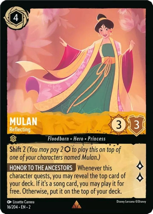A Disney Mulan - Reflecting (16/204) [Rise of the Floodborn] trading card from the Rise of the Floodborn set, depicting a rare Mulan with a "Reflecting" title. Mulan wears a traditional dress in pink and yellow tones. Card attributes: 4 Ink cost, 3 Strength, 3 Willpower, Floodborn, Hero, Princess. Special abilities: Shift 2 and Honor to the Ancestors.