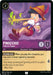 A digital card from Disney featuring Pinocchio - Talkative Puppet (58/204) [Rise of the Floodborn]. The background is purple with stars, showcasing Pinocchio in his red feathered hat, yellow shirt, red shorts, and brown shoes. Part of the Rise of the Floodborn series, it highlights his "Telling Lies" ability with a quote from the Blue Fairy.