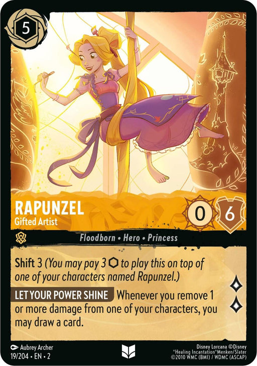 A card featuring Rapunzel from Disney's Tangled, titled "Rapunzel - Gifted Artist (19/204) [Rise of the Floodborn]" from the Rise of the Floodborn set. This hero card boasts 0 attack and 6 defense with abilities 'Shift 3 (may pay 3 to play this on top of another Rapunzel)' and 'Let Your Power Shine (remove 1 or more damage and draw a
