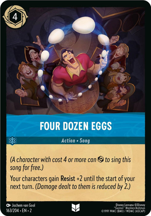 A Disney Lorcana card named "Four Dozen Eggs (163/204) [Rise of the Floodborn]" from the Rise of the Floodborn set features Gaston in the center, tossing and juggling several eggs in the air. Townsfolk in the background admire his feat with amazed expressions. This uncommon card grants characters "Resist +2" until the next turn. Cost: 4.