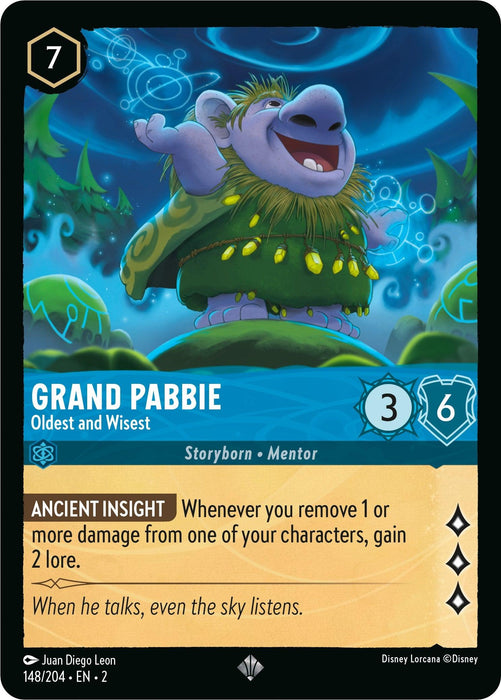 A Disney card from Disney Lorcana: Rise of the Floodborn featuring Grand Pabbie - Oldest and Wisest (148/204) [Rise of the Floodborn], a super rare troll with a beard, glowing blue hands, and wearing green foliage. The card shows his cost (7), stats (3 attack, 6 defense), and lore (2). Text reads "Ancient Insight: Whenever you remove 1 or more damage from one of your characters, gain