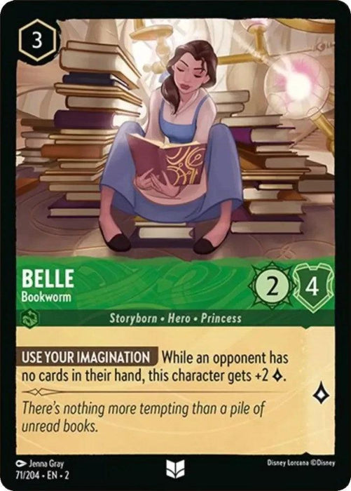 A trading card from the Rise of the Floodborn series, Disney's Belle - Bookworm (71/204) [Rise of the Floodborn], features Belle titled "Bookworm." She sits on a stack of books, reading a large tome with her right hand resting on the book's pages. Her green dress and brown hair complement the background of bookshelves. The card lists her attributes: "Storyborn - Hero - Princess" and "+2 Lore.