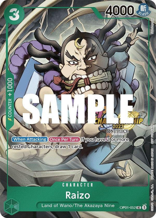 A trading card features the uncommon character Raizo from One Piece. He has a fierce expression with a bald head except for a large topknot, bushy sideburns, and eyebrows, and is brandishing a pair of sharp daggers. The card text includes "Raizo" and "Land of Wano/The Akazaya Nine." The image is marked "SAMPLE," labeled as Raizo (CS 2023 Event Pack) [One Piece Promotion Cards]. The card is released by Bandai.