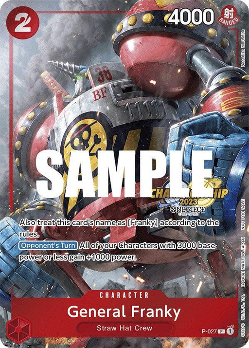 A Promo Card featuring General Franky (CS 2023 Event Pack) [One Piece Promotion Cards]. The card has a red border and showcases a large, armored robot with a cannon arm, adorned with multiple decals, including a pirate emblem. The card text includes a special ability activated during the opponent's turn. This exclusive collectible is brought to you by Bandai.