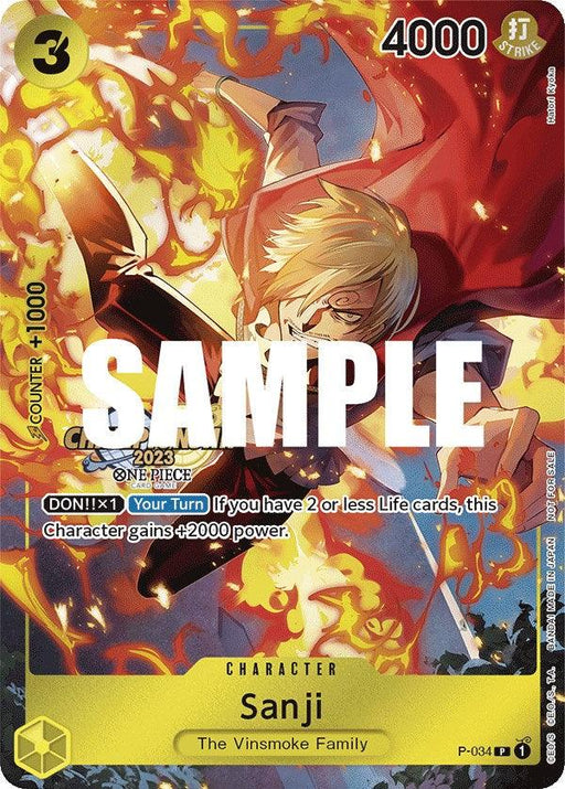 A promo character card from the One Piece Promotion Cards series featuring Sanji from the Vinsmoke Family. The card, named **Sanji (CS 2023 Event Pack) [One Piece Promotion Cards]** by **Bandai**, numbered P-034, has a yellow border and depicts Sanji mid-action surrounded by flames. It boasts 4000 power and various abilities in the text box, with a large "SAMPLE" watermark overlaid on it.
