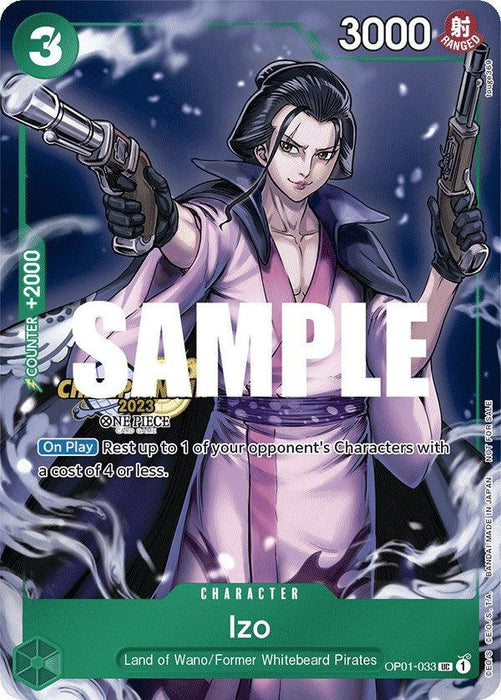 A trading card featuring the character Izo from **Izo (CS 2023 Celebration Pack) [One Piece Promotion Cards] by Bandai**. Izo has long black hair tied up, is dressed in a pink kimono with a light purple robe, and wields two pistols. The card, marked as OP01-033 and an Uncommon Character Card, displays various stats including a power level of 3000. The word "SAMPLE" is overlaid.