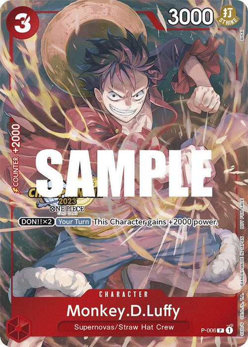 A trading card displaying an animated character, Monkey D. Luffy, from the One Piece series. He is depicted with a determined expression, wearing a red outfit and his signature straw hat. The Monkey.D.Luffy (CS 2023 Celebration Pack) [One Piece Promotion Cards] has various game-related texts and icons, including "3000" power and a special ability description. The word "SAMPLE" is stamped across this Bandai card.