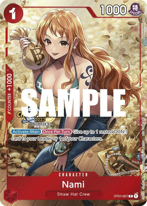 A trading card featuring Nami from the anime "One Piece." She has long orange hair and wears a revealing top. She is holding a bag of money and winking. The Nami (CS 2023 Celebration Pack) [One Piece Promotion Cards] by Bandai has stats: 1 cost, 1000 Power, and an ability to give a rested DON!! card to your Leader or a Character once per turn.
