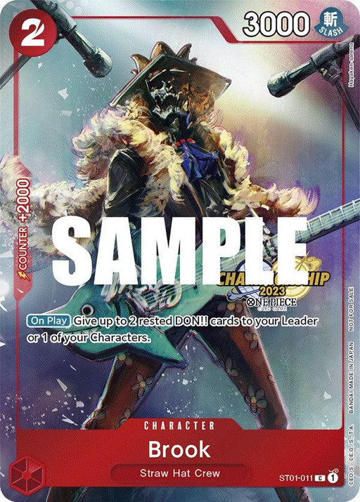 This Brook (CS 2023 Celebration Pack) [One Piece Promotion Cards] from Bandai showcases Brook from the Straw Hat Crew, a skeleton in flamboyant attire with a feathered jacket and wide-brimmed hat, playing a guitar. The card, ST01-011, has stats: "2 cost," "3000 power," and "Counter +2000." Text reads: “On Play: Give up to 2 rested DON!! cards.”