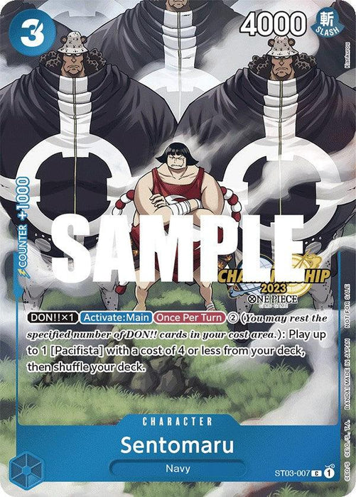 A Sentomaru (CS 2023 Celebration Pack) [One Piece Promotion Cards] featuring Sentomaru from the "One Piece" series. The character wears a red and white outfit, carries an ax, and stands in front of a large Marine insignia. The card has a blue border, 4000 power, and a cost of 3. It includes special abilities and characteristics at the bottom by Bandai.