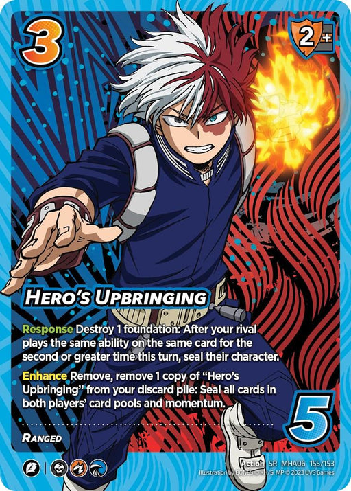 A UniVersus Hero's Upbringing [Jet Burn] trading card features a dynamic anime character with dual-colored hair (white on the right, red on the left) in a blue and black uniform. The action card shows the character in an action pose with a fierce expression. Text on the card includes power levels and special abilities reflecting their Hero's Upbringing.