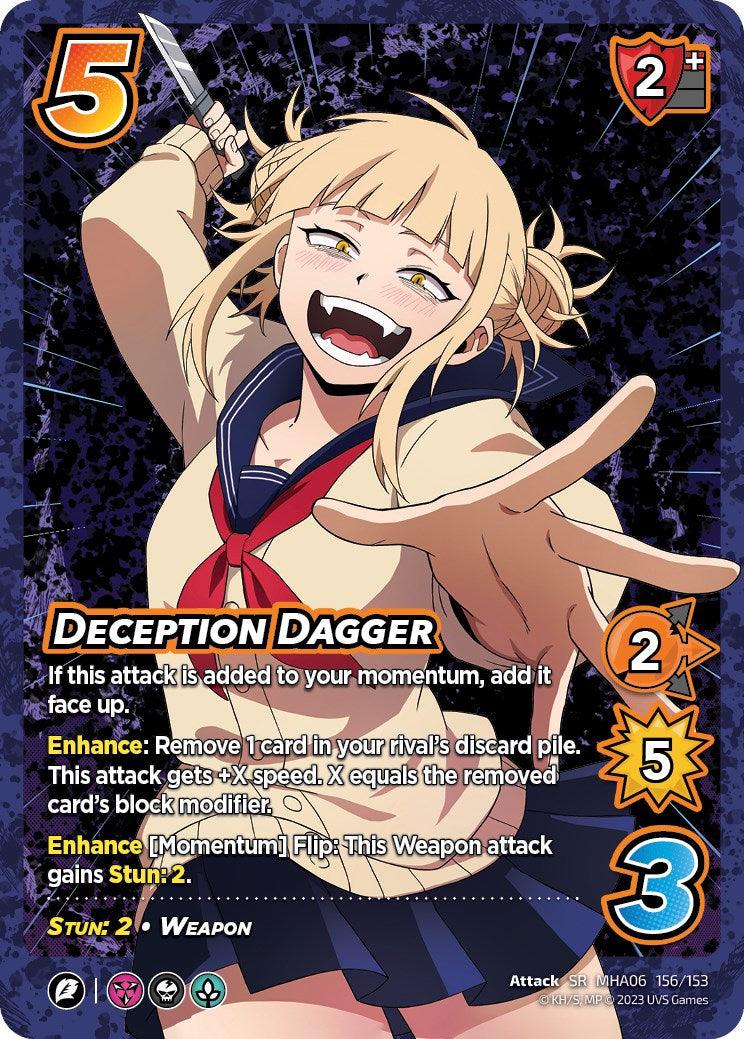 A Secret Rare trading card featuring a blonde character in a school uniform wielding a dagger. The card has various symbols, stats including 