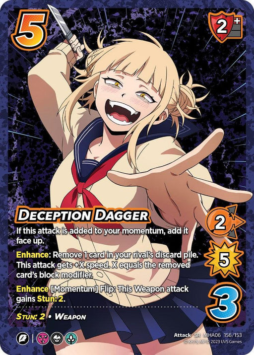 A Secret Rare trading card featuring a blonde character in a school uniform wielding a dagger. The card has various symbols, stats including "5" and "2+," and descriptions for the attack "Deception Dagger." The background is dark with swirling patterns, and the bottom displays the publisher's details. This card is Deception Dagger [Jet Burn] from UniVersus.