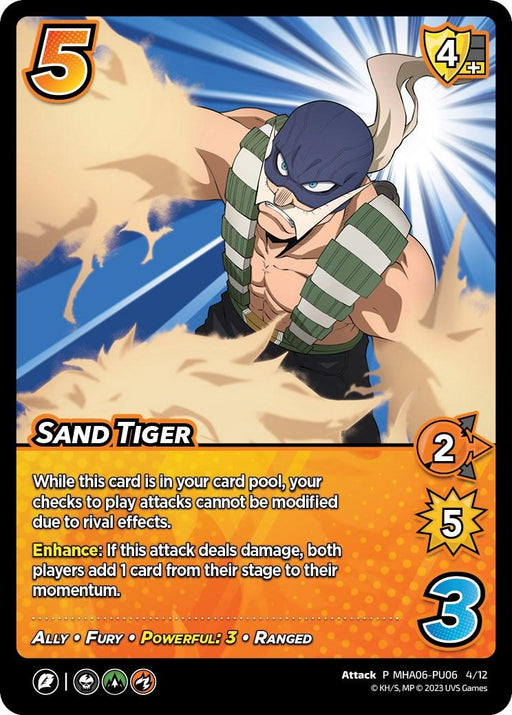 A trading card depicting "Sand Tiger (Plus Ultra Pack 6) [Miscellaneous Promos]," a muscular masked character with an intense expression, wearing a tactical vest and head covering. This Promo Rarity card from UniVersus has stats: 5 difficulty, 4 control, 2 mid attack, 5 damage, and 3 mid block. It includes abilities related to attack checks and card momentum.