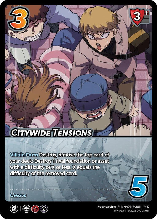 A card titled "Citywide Tensions (Plus Ultra Pack 6) [Miscellaneous Promos]" by UniVersus features an illustration of four distressed individuals amidst a chaotic city scene. The card text describes its ability: "Villain Form Destroy; remove the top card of your deck: Destroy 1 rival foundation or asset with a difficulty of X or less. X equals the difficulty of the removed card." The artwork is vibrant, showcasing intense facial expressions and dynamic poses.