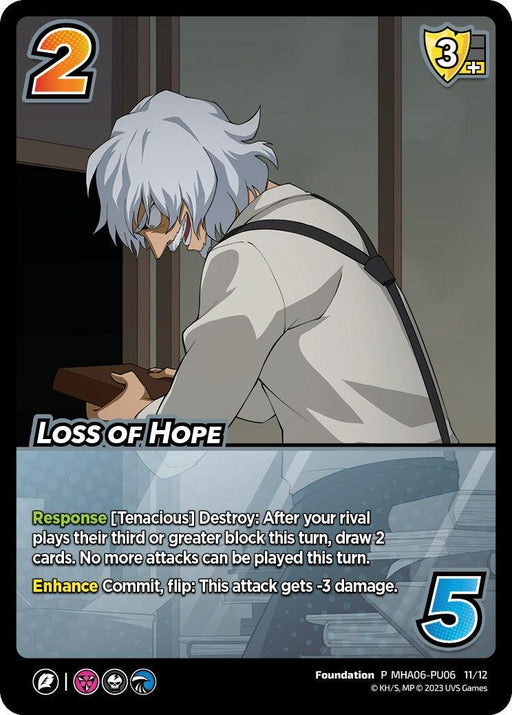 A promo trading card featuring a white-haired character with glasses, labeled "Loss of Hope (Plus Ultra Pack 6) [Miscellaneous Promos]." The character is glum, with their right arm resting on a table. The card details are: 2 difficulty, 3 control, and 5 block. It contains game text for "Response" and "Enhance" abilities and has a "Foundation" label. This product is from the brand UniVersus.