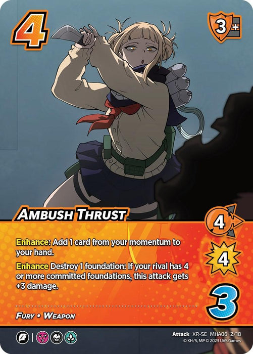 A trading card from UniVersus features an anime-style character with a menacing expression, wielding a knife as her weapon. The character has blonde hair styled in two buns and is wearing a green and red school uniform. The card's name is "Ambush Thrust (XR) [Jet Burn]," and it includes various game stats and text detailing her attack abilities fueled by fury.