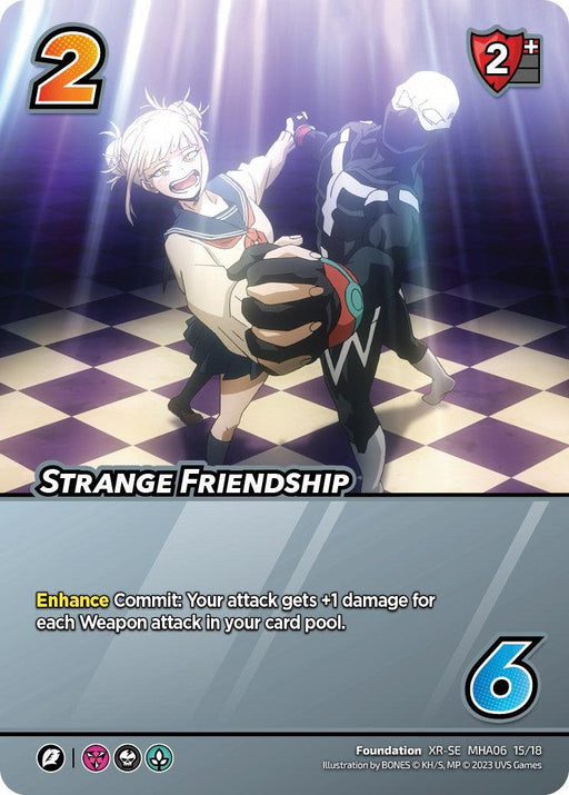 A card showing two characters in a dynamic pose. One character, sporting a mischievous smile and a school uniform, grabs the neck of another character in a full-body skintight suit with white and black patterns. This extra rare card is titled "Strange Friendship (XR) [Jet Burn]" from UniVersus with details below.