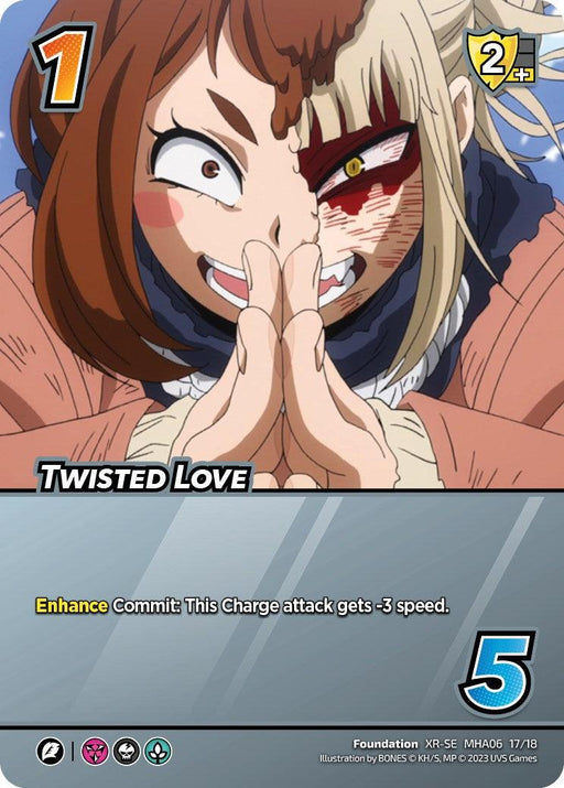 A trading card titled "Twisted Love (XR) [Jet Burn]" from UniVersus features an Extra Rare woman with a mischievous expression, clasping her hands together. She has brown hair and a significant injury or blood covering the left side of her face. The card has values including a cost of 1, a shield value of 2, and a speed reduction of 3.