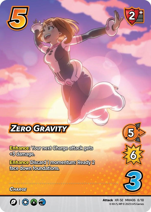 A trading card titled "Zero Gravity (XR) [Jet Burn]" features a female character in a dynamic mid-air pose against a sunset sky. She is smiling with one arm raised. The Extra Rare card from UniVersus has a large "5" at the corner, a red "2+" tag, and an orange border displaying "5" speed, "6" damage, and "3" control. Enhancements are listed below.