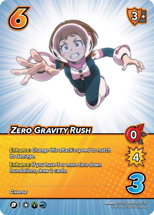 A card titled "Zero Gravity Rush (XR) [Jet Burn]" from UniVersus features a young woman in a pink and black superhero suit reaching forward with a determined expression. The Extra Rare card has an orange border, a cost of 6, and showcases an attack value of 3+(3). The enhancements state changes to speed and card draws.