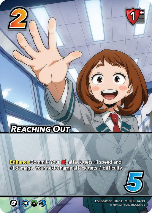 Card from the game "UniVersus" depicting a female character in a school hallway, wearing a school uniform, with her right arm reaching out and a happy expression. This Reaching Out (XR) [Jet Burn] card has numbers "2" at the top left and "5" at the bottom right, with text containing gameplay instructions.
