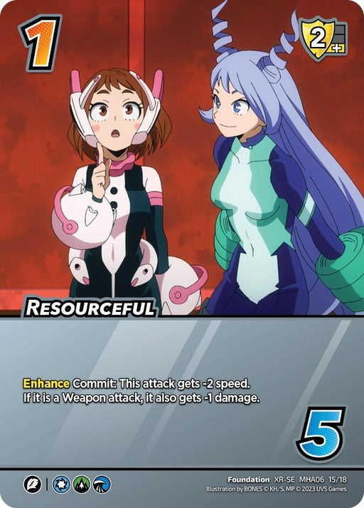 A trading card featuring two female characters in colorful outfits, titled "Resourceful (XR) [Jet Burn]." One character wears a suit with pink accents and large gloves, while the other has long blue hair and a suit with teal and navy colors. This Extra Rare card boasts a 1 difficulty level and a 5 control value rating from UniVersus.