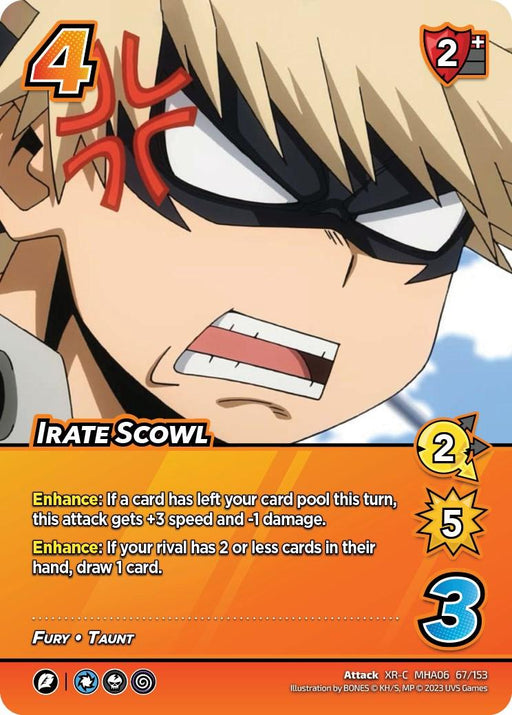 A trading card features an anime-style character in a mask with an angry expression, indicated by red stress marks on his face. The UniVersus card titled "Irate Scowl (XR) [Jet Burn]" showcases the character's fury with stats like 4 difficulty, 2 check, 2 speed, 5 damage, and 3 block. Enhancements and illustrator information are also present.