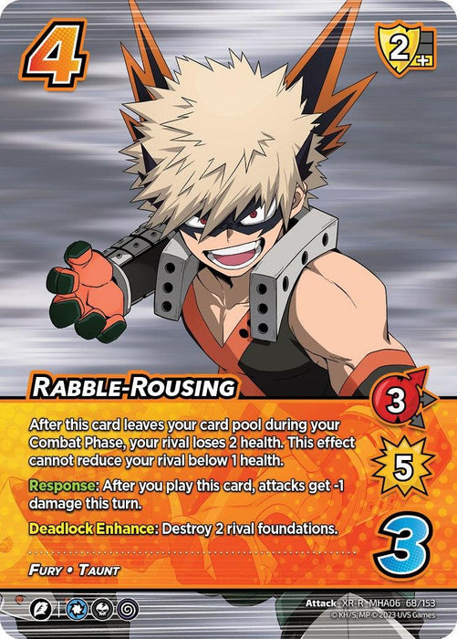 A highly sought-after, extra rare trading card featuring a character with spiky blonde hair and a fierce expression. They wear a black and orange outfit with green gloves. Titled "Rabble-Rousing (XR) [Jet Burn]," the card boasts stats like 4 difficulty, 2[check value], 3 control, 5[attack], -3[block], and unleashes fury in combat phases with its various abilities from brand UniVersus.