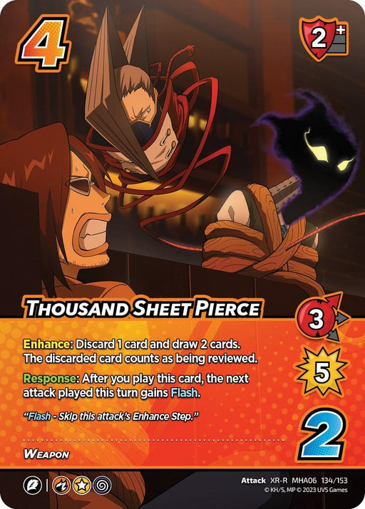 A "Thousand Sheet Pierce (XR) [Jet Burn]" card from the UniVersus trading card game. It features a red-haired character attacking another with metal claws, showcasing their powerful weapon. The dark background glows with orange and red tones. Text on the card details its abilities and stats, while the bottom left corner displays a "4" symbol, likely indicating cost or power.