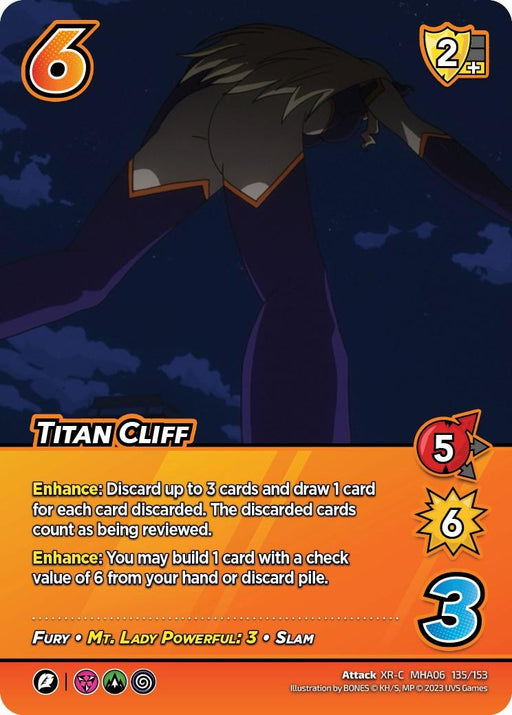 A UniVersus card titled "Titan Cliff (XR) [Jet Burn]" features a powerful character in a dynamic pose, seen from below, wearing form-fitting, orange-trimmed attire. This Extra Rare card boasts attack power 5, defense power 6, and build power of 3. It showcases several game enhancements and abilities fueled by fury.