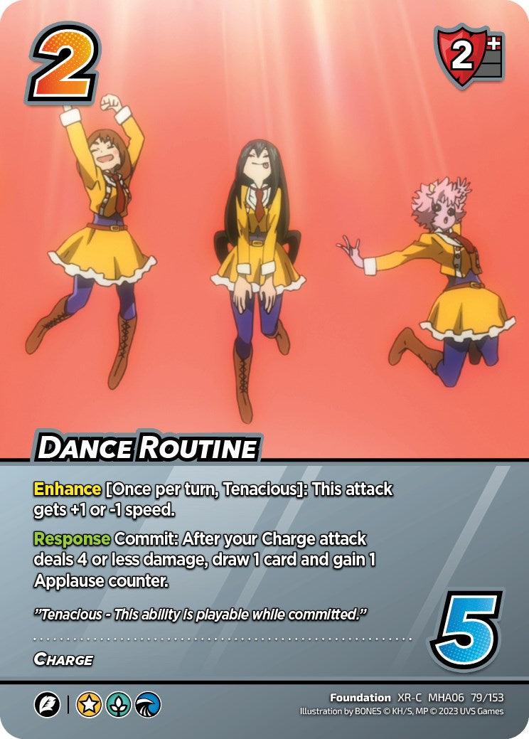 A trading card featuring three anime-style characters in a dance pose, dressed in yellow school uniforms with red bows and skirts. The characters have distinct hair colors and styles: brown, black, and pink. This Dance Routine (XR) [Jet Burn] card includes various text elements detailing abilities like 