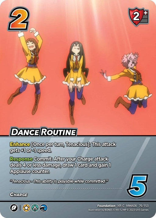 A trading card featuring three anime-style characters in a dance pose, dressed in yellow school uniforms with red bows and skirts. The characters have distinct hair colors and styles: brown, black, and pink. This Dance Routine (XR) [Jet Burn] card includes various text elements detailing abilities like "Dance Routine" and numeric values. The card is part of the UniVersus brand.