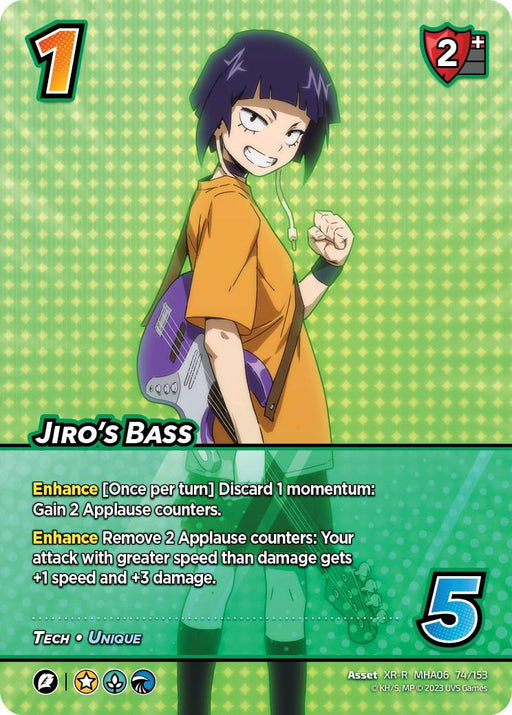 A trading card features a cartoon character with short dark hair holding a purple guitar. The character, wearing an orange shirt, stands against a green, star-patterned background. This Extra Rare card includes stats, abilities, and icons for Jiro's Bass (XR) [Jet Burn] from UniVersus, making it a valuable asset in your collection.