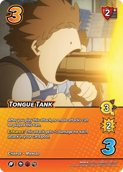 An illustrated card from a game shows a humanoid figure with spiky hair launching a long tongue-like tube out of its mouth. The card, named "Tongue Tank (XR) [Jet Burn]," has a red and orange background with various symbols and text indicating its stats: 3 cost, 2+ damage, 3 speed, and 2 attack. This Extra Rare UniVersus card is sure to impress!