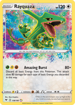 An image of an Ultra Rare Rayquaza (138/185) [Sword & Shield: Vivid Voltage] Pokémon trading card from the Vivid Voltage set. Rayquaza is depicted as a green, serpent-like dragon flying through the sky. The card, part of the Sword & Shield series, is labeled "Rayquaza," shows it has 120 HP, and features the "Amazing Burst" move against a holographic background.