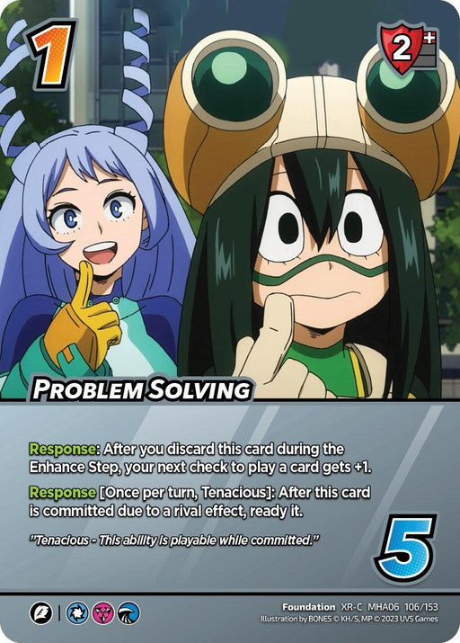 A card from a game features two animated characters. The left character has blue hair styled into spiral pigtails, a yellow hairband, and a cheerful expression. The right character has long green hair, goggles on her head, and is making a peace sign while smiling. This "Problem Solving (XR) [Jet Burn]" card from UniVersus is an Extra Rare foundation with various game-related symbols and text, including power values and abilities.