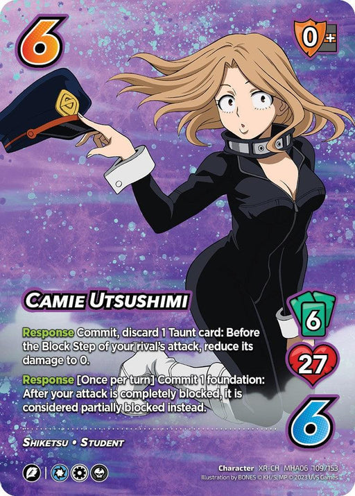 A Camie Utsushimi (XR) [Jet Burn] trading card from the UniVersus brand featuring Camie Utsushimi from My Hero Academia. She is wearing her Shiketsu student outfit, holding a hat in her left hand. The Extra Rare card shows her stats: 6 difficulty, 0 control, 6 check. Her abilities and responses are detailed on the card with a background blending purple and pink hues.
