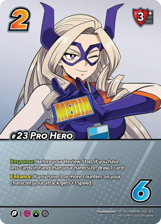 A card from a game depicts an extra rare character with long blonde hair, wearing a purple eye mask with horn-like extensions, a blue suit, and orange gloves. Her name is "#23 Pro Hero (XR) [Jet Burn]." The card features game stats like attack power, defense, and special abilities at the bottom and is branded by UniVersus.