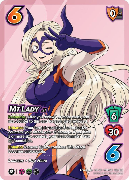 A trading card of the character "Mt Lady" from "Lurkers: Pro Hero." She has long blonde hair, a purple and white outfit, and winks with a smile while giving a thumbs up. The Extra Rare card shows attack and defense stats, special abilities, and it has a pink background with stylized designs. Presenting the UniVersus Mt Lady (XR) [Jet Burn].