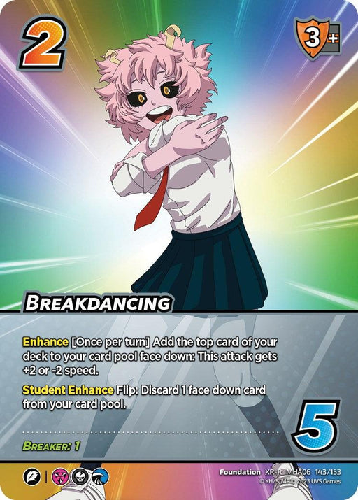 Image of an Extra Rare collectible card from the UniVersus trading card game. The card features a character with pink skin, wavy pink hair, black eyes with yellow irises, and sharp teeth. The character is dancing and wearing a white shirt, navy blue skirt, and red tie. The card is named "Breakdancing (XR) [Jet Burn].