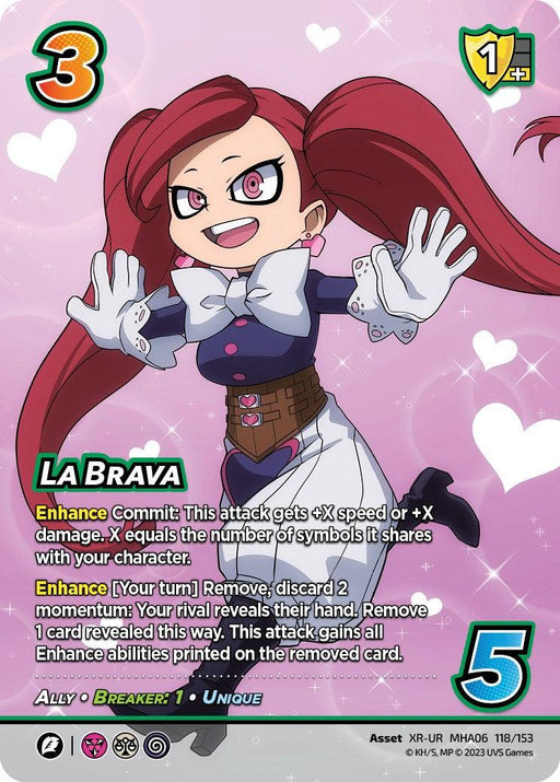 A UniVersus La Brava (XR) [Jet Burn] trading card featuring an extra rare character with long red hair tied in big pigtails, wearing a white bow tie and a dark outfit with white gloves and knee-high boots. The card displays various colorful symbols, numbers like "3", "5", "1+", and descriptions of the character’s powers and abilities.